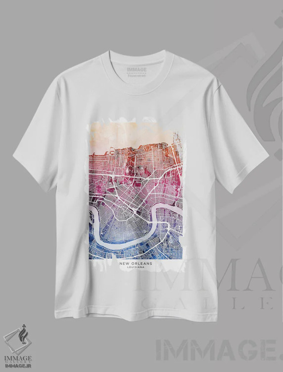 تیشرت سفید طرح دار – تیشرت دیجیتال آرت ,نقشه نیواورلئان آبی-صورتی اثر مایکل تامپست immage.ir