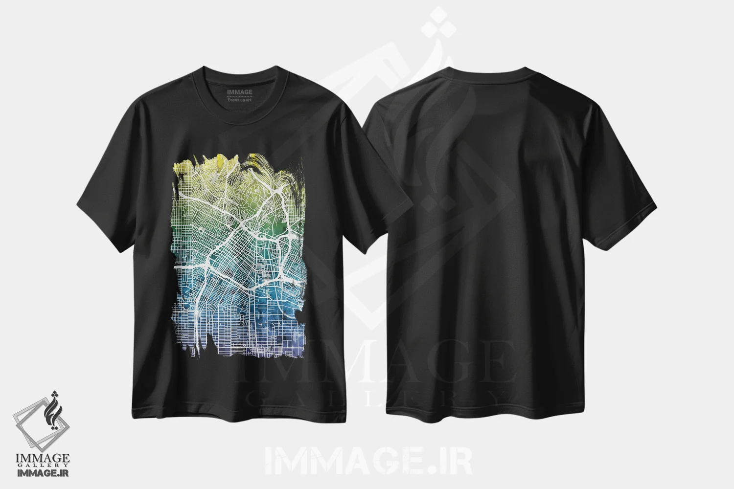 تیشرت مشکی طرح دار – تیشرت هنری آبستره ,California, USA,نقشه شیب رنگ لس آنجلس، کالیفرنیا، آمریکا اثر مایکل تامپست immage.ir