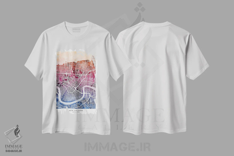 تیشرت سفید طرح دار – تیشرت دیجیتال آرت ,نقشه نیواورلئان آبی-صورتی اثر مایکل تامپست immage.ir