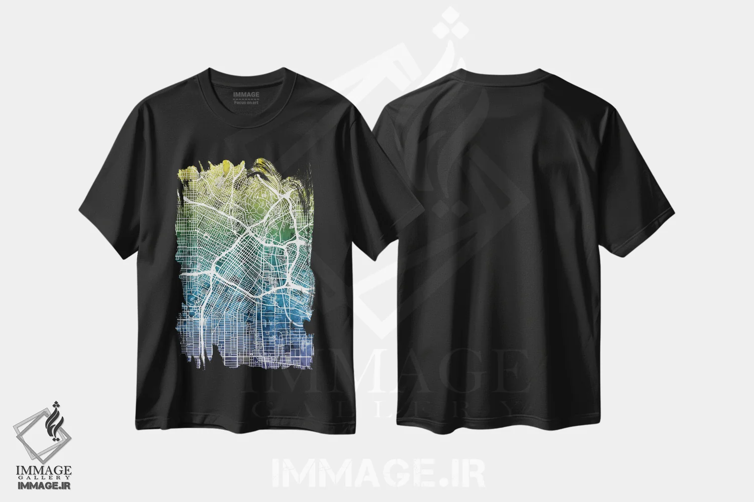 تیشرت مشکی طرح دار – تیشرت هنری آبستره ,California, USA,نقشه شیب رنگ لس آنجلس، کالیفرنیا، آمریکا اثر مایکل تامپست immage.ir