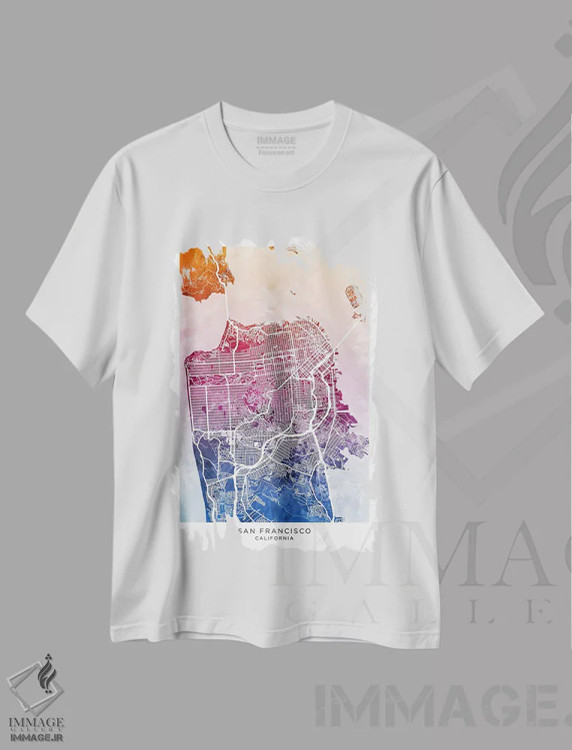 تیشرت سفید طرح دار – تیشرت دیجیتال آرت ,نقشه سان فرانسیسکو آبی-صورتی اثر مایکل تامپست فروشگاه ایماژ