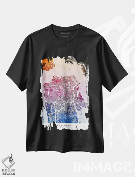 تیشرت مشکی طرح دار – تیشرت دیجیتال آرت ,نقشه سان فرانسیسکو آبی-صورتی اثر مایکل تامپست immage.ir