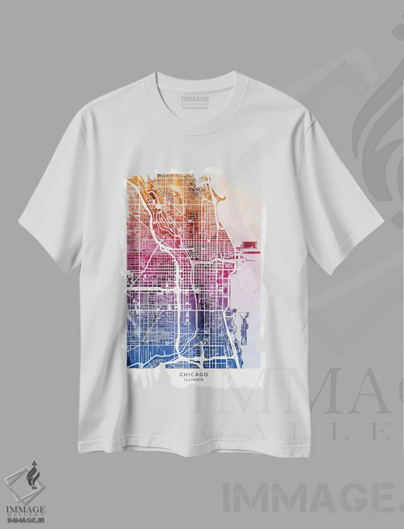 تیشرت سفید طرح دار – تیشرت دیجیتال آرت ,نقشه شیکاگو آبی-صورتی اثر مایکل تامپست فروشگاه ایماژ