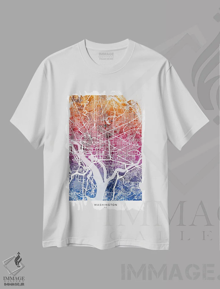 تیشرت سفید طرح دار – تیشرت شهری ,نقشه واشینگتن آبی-صورتی اثر مایکل تامپست فروشگاه ایماژ
