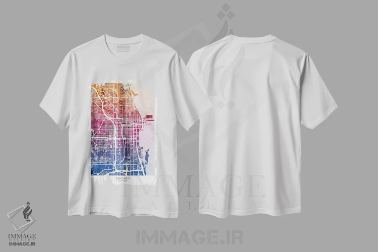 تیشرت سفید طرح دار – تیشرت دیجیتال آرت ,نقشه شیکاگو آبی-صورتی اثر مایکل تامپست فروشگاه ایماژ