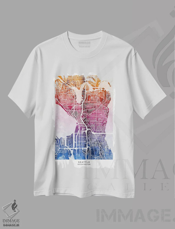 تیشرت سفید طرح دار – تیشرت شهری ,نقشه سیاتل آبی-صورتی اثر مایکل تامپست immage.ir