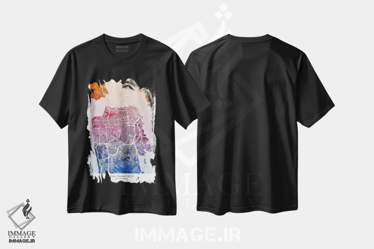 تیشرت مشکی طرح دار – تیشرت دیجیتال آرت ,نقشه سان فرانسیسکو آبی-صورتی اثر مایکل تامپست immage.ir
