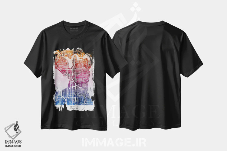تیشرت مشکی طرح دار – تیشرت شهری ,نقشه سیاتل آبی-صورتی اثر مایکل تامپست فروشگاه ایماژ