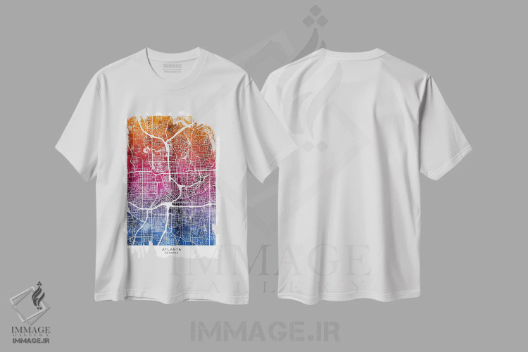 تیشرت سفید طرح دار – تیشرت دیجیتال آرت ,نقشه آتلانتا آبی-صورتی اثر مایکل تامپست immage.ir