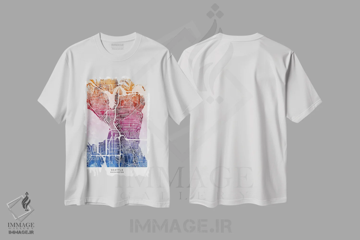 تیشرت سفید طرح دار – تیشرت شهری ,نقشه سیاتل آبی-صورتی اثر مایکل تامپست immage.ir