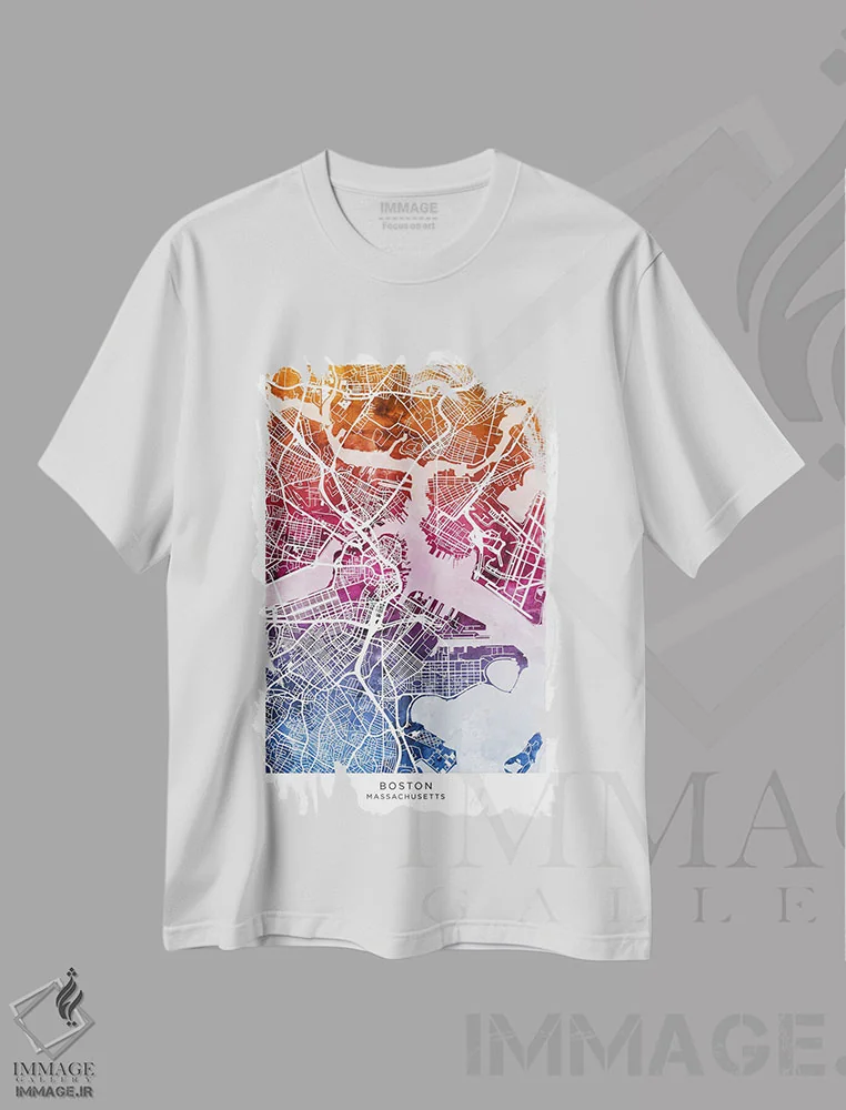تیشرت سفید طرح دار – تیشرت گرافیکی ,نقشه بوستون آبی-صورتی اثر مایکل تامپست فروشگاه ایماژ