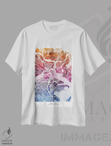 تیشرت سفید طرح دار – تیشرت گرافیکی ,نقشه بوستون آبی-صورتی اثر مایکل تامپست فروشگاه ایماژ