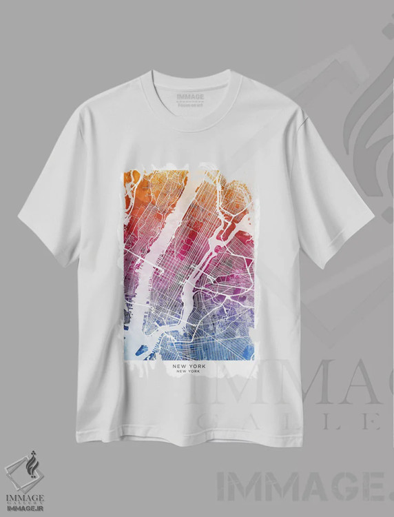 تیشرت سفید طرح دار – تیشرت شهری ,نقشه نیویورک آبی-صورتی اثر مایکل تامپست immage.ir