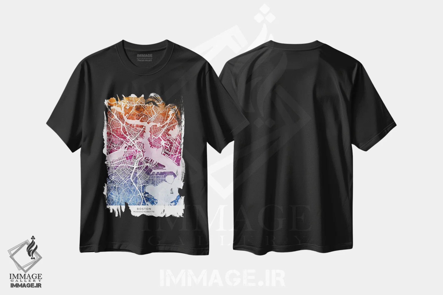 تیشرت مشکی طرح دار – تیشرت گرافیکی ,نقشه بوستون آبی-صورتی اثر مایکل تامپست immage.ir