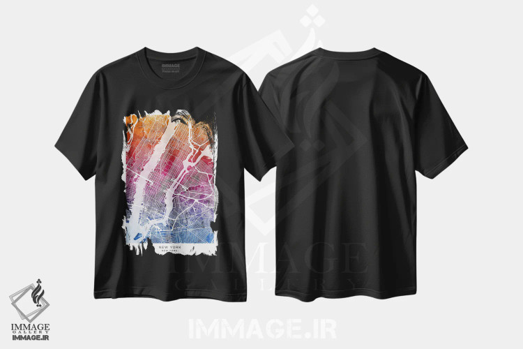 تیشرت مشکی طرح دار – تیشرت شهری ,نقشه نیویورک آبی-صورتی اثر مایکل تامپست فروشگاه ایماژ
