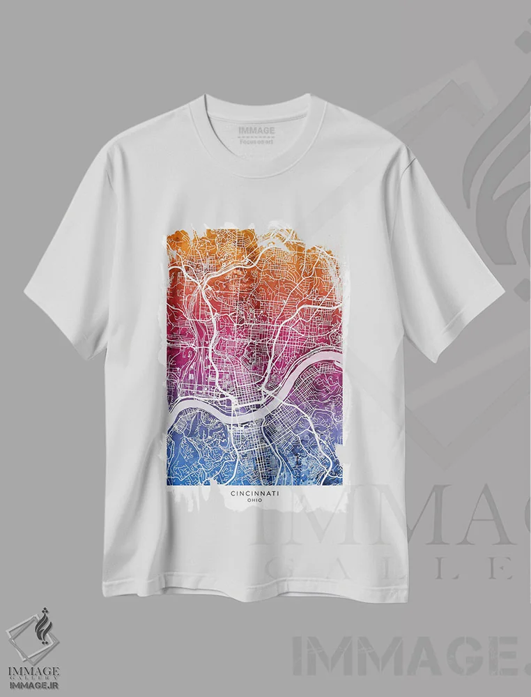 تیشرت سفید طرح دار – تیشرت هنری ,نقشه سینسیناتی آبی-صورتی اثر مایکل تامپست فروشگاه ایماژ