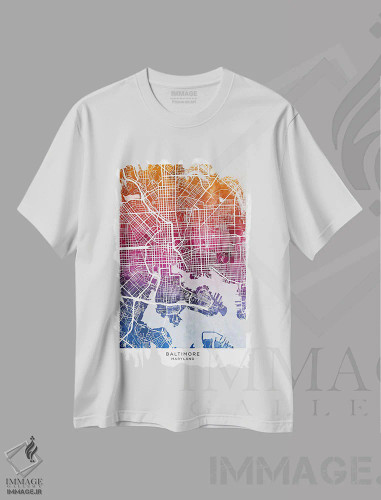 تیشرت سفید طرح دار – تیشرت گرافیکی ,نقشه بالتیمور آبی-صورتی اثر مایکل تامپست فروشگاه ایماژ