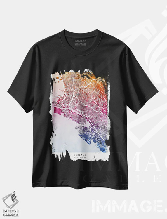 تیشرت مشکی طرح دار – تیشرت مینیمال ,نقشه اوکلند آبی-صورتی اثر مایکل تامپست فروشگاه ایماژ