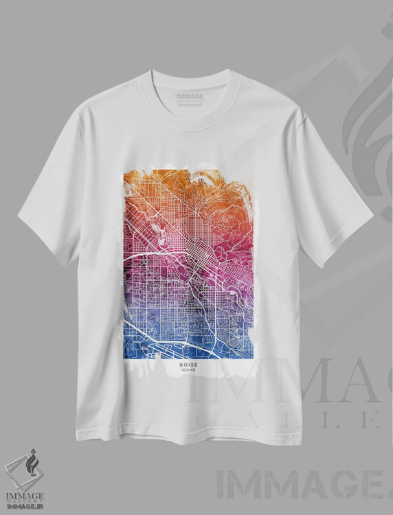 تیشرت سفید طرح دار – تیشرت گرافیکی ,نقشه بویزی آیداهو آبی-صورتی اثر مایکل تامپست immage.ir
