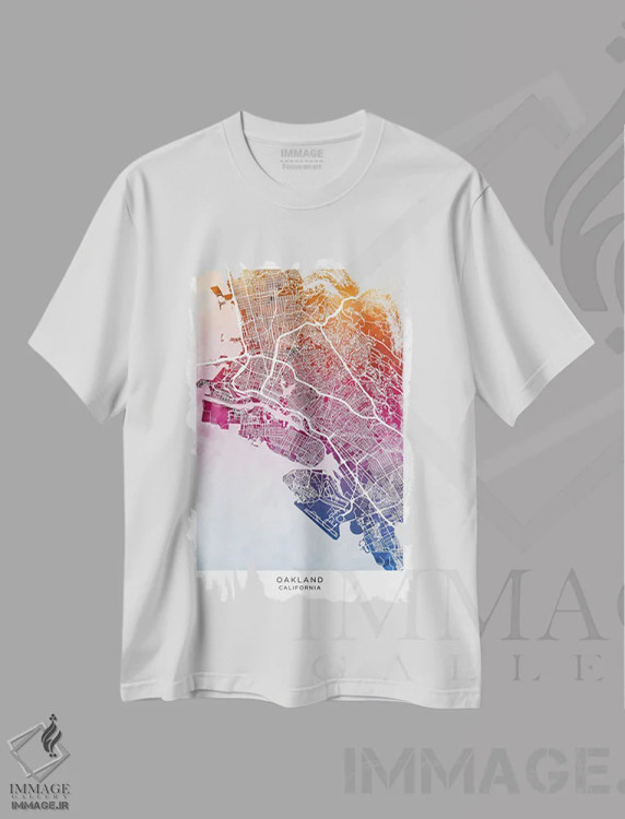 تیشرت سفید طرح دار – تیشرت مینیمال ,نقشه اوکلند آبی-صورتی اثر مایکل تامپست immage.ir