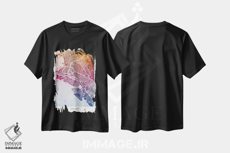 تیشرت مشکی طرح دار – تیشرت مینیمال ,نقشه اوکلند آبی-صورتی اثر مایکل تامپست فروشگاه ایماژ
