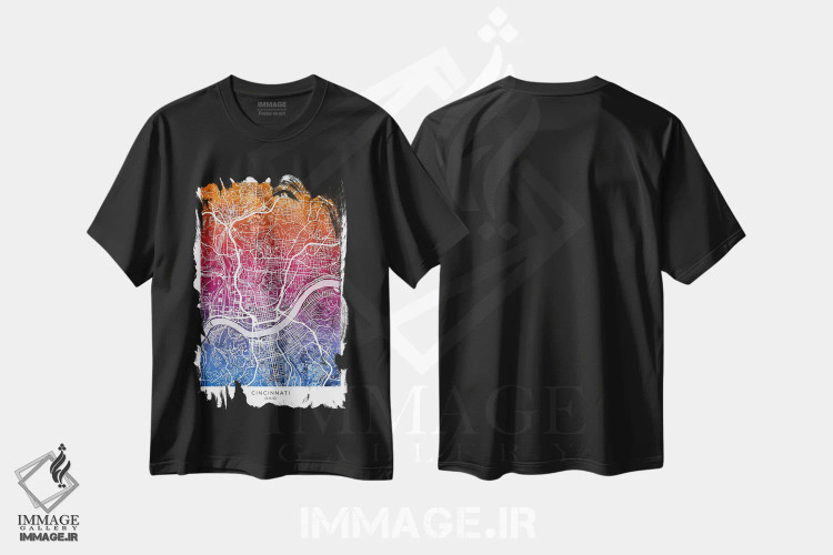 تیشرت مشکی طرح دار – تیشرت هنری ,نقشه سینسیناتی آبی-صورتی اثر مایکل تامپست immage.ir