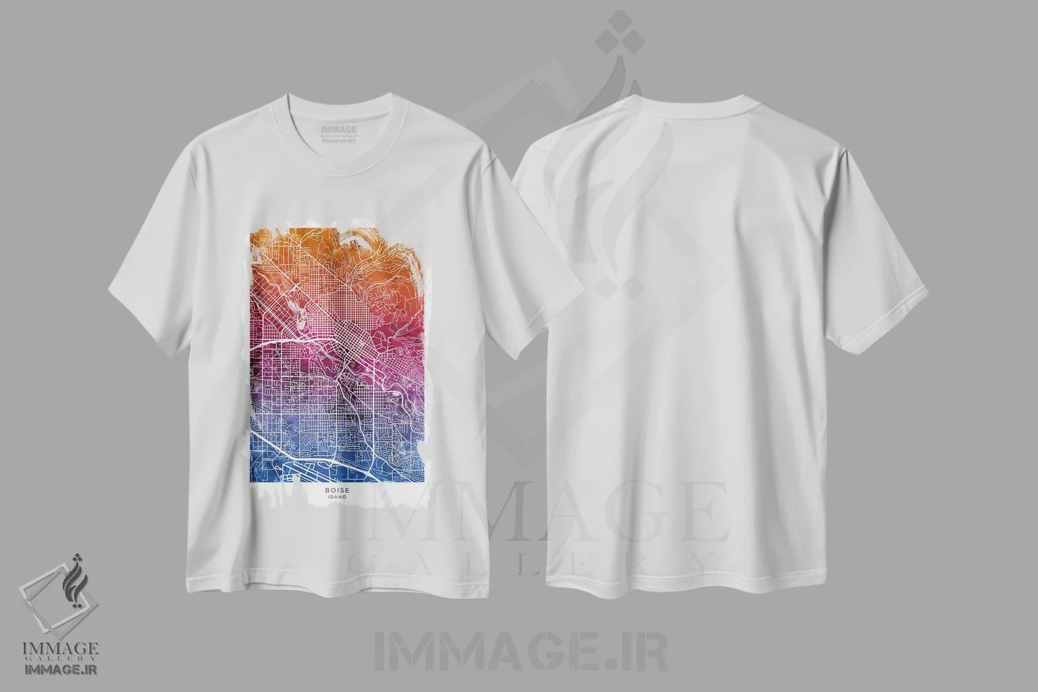 تیشرت سفید طرح دار – تیشرت گرافیکی ,نقشه بویزی آیداهو آبی-صورتی اثر مایکل تامپست immage.ir