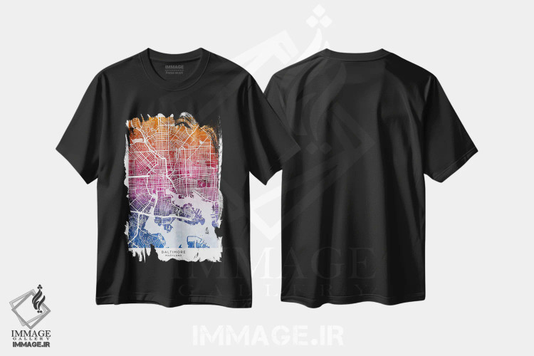 تیشرت مشکی طرح دار – تیشرت گرافیکی ,نقشه بالتیمور آبی-صورتی اثر مایکل تامپست immage.ir