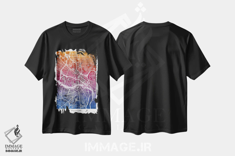 تیشرت مشکی طرح دار – تیشرت هنری ,نقشه ریچموند آبی-صورتی اثر مایکل تامپست immage.ir