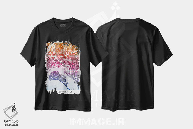 تیشرت مشکی طرح دار – تیشرت اسپرت ,نقشه سن دیگو آبی-صورتی اثر مایکل تامپست immage.ir