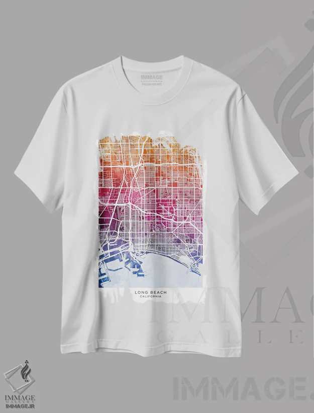 تیشرت سفید طرح دار – تیشرت ساحلی ,نقشه لانگ بیچ آبی-صورتی اثر مایکل تامپست فروشگاه ایماژ