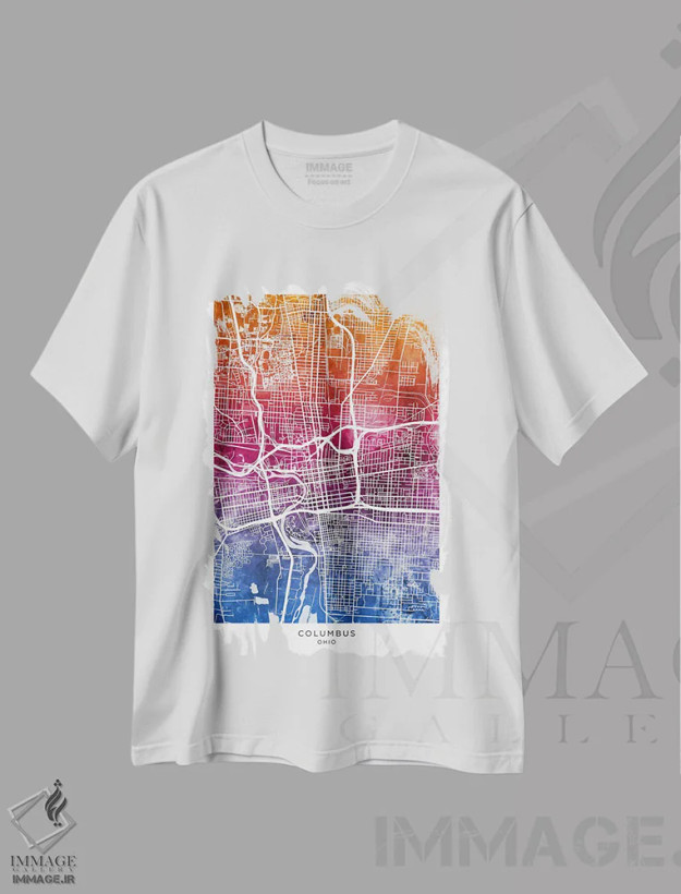 تیشرت سفید طرح دار – تیشرت شهری ,نقشه کلمبوس آبی-صورتی اثر مایکل تامپست فروشگاه ایماژ
