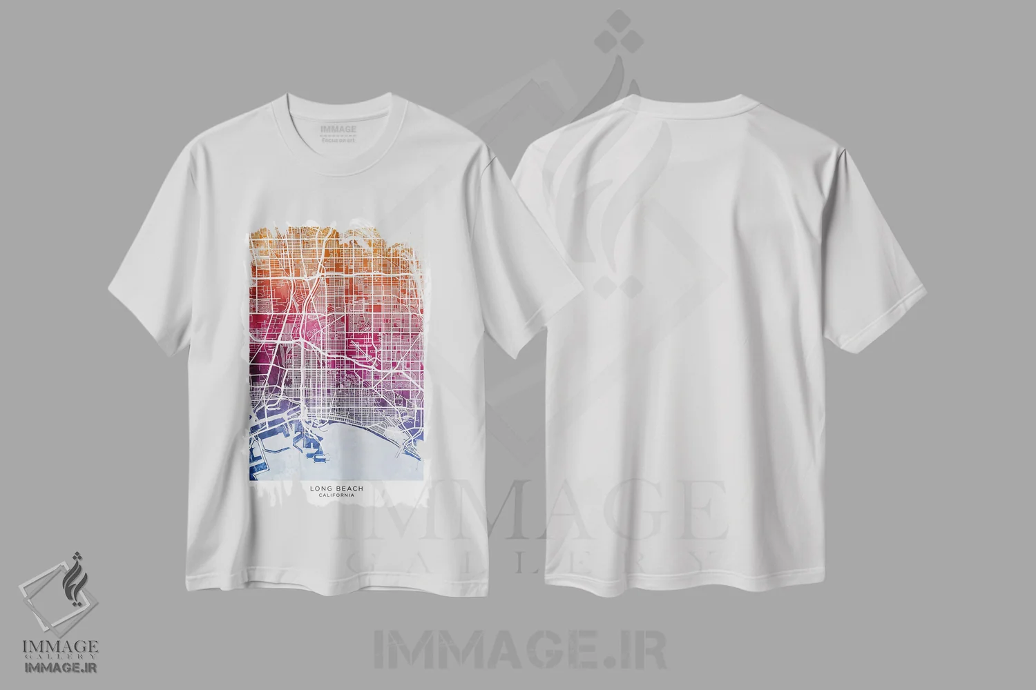 تیشرت سفید طرح دار – تیشرت ساحلی ,نقشه لانگ بیچ آبی-صورتی اثر مایکل تامپست فروشگاه ایماژ