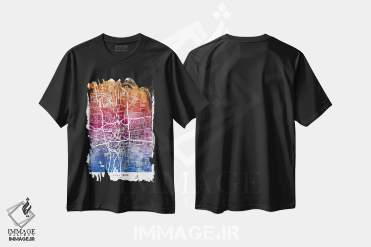 تیشرت مشکی طرح دار – تیشرت شهری ,نقشه کلمبوس آبی-صورتی اثر مایکل تامپست immage.ir