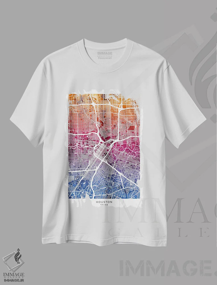 تیشرت سفید طرح دار – تیشرت شهری ,نقشه هیوستون آبی-صورتی اثر مایکل تامپست immage.ir