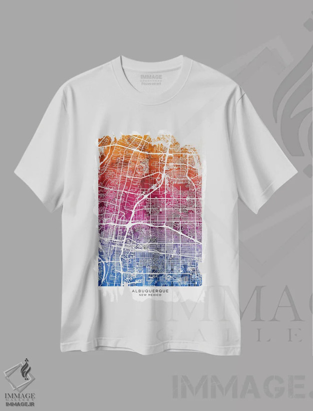 تیشرت سفید طرح دار – تیشرت هندسی ,نقشه آلبوکرکی آبی-صورتی اثر مایکل تامپست فروشگاه ایماژ