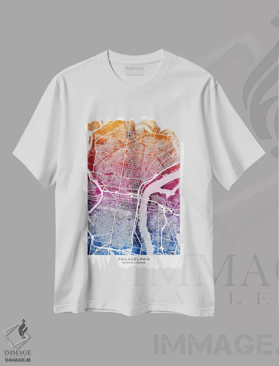 تیشرت سفید طرح دار – تیشرت مدرن ,نقشه فیلادلفیا آبی-صورتی اثر مایکل تامپست immage.ir