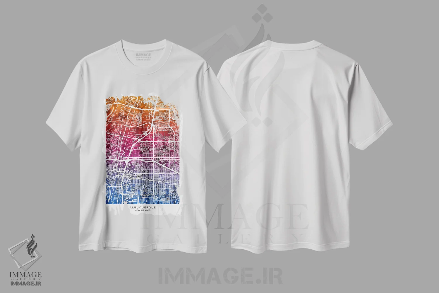 تیشرت سفید طرح دار – تیشرت هندسی ,نقشه آلبوکرکی آبی-صورتی اثر مایکل تامپست فروشگاه ایماژ