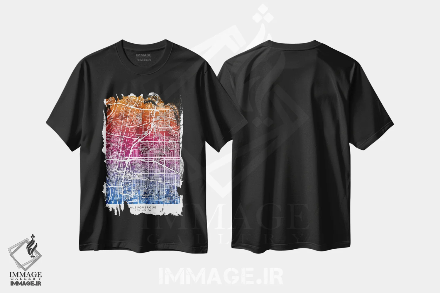 تیشرت مشکی طرح دار – تیشرت هندسی ,نقشه آلبوکرکی آبی-صورتی اثر مایکل تامپست immage.ir