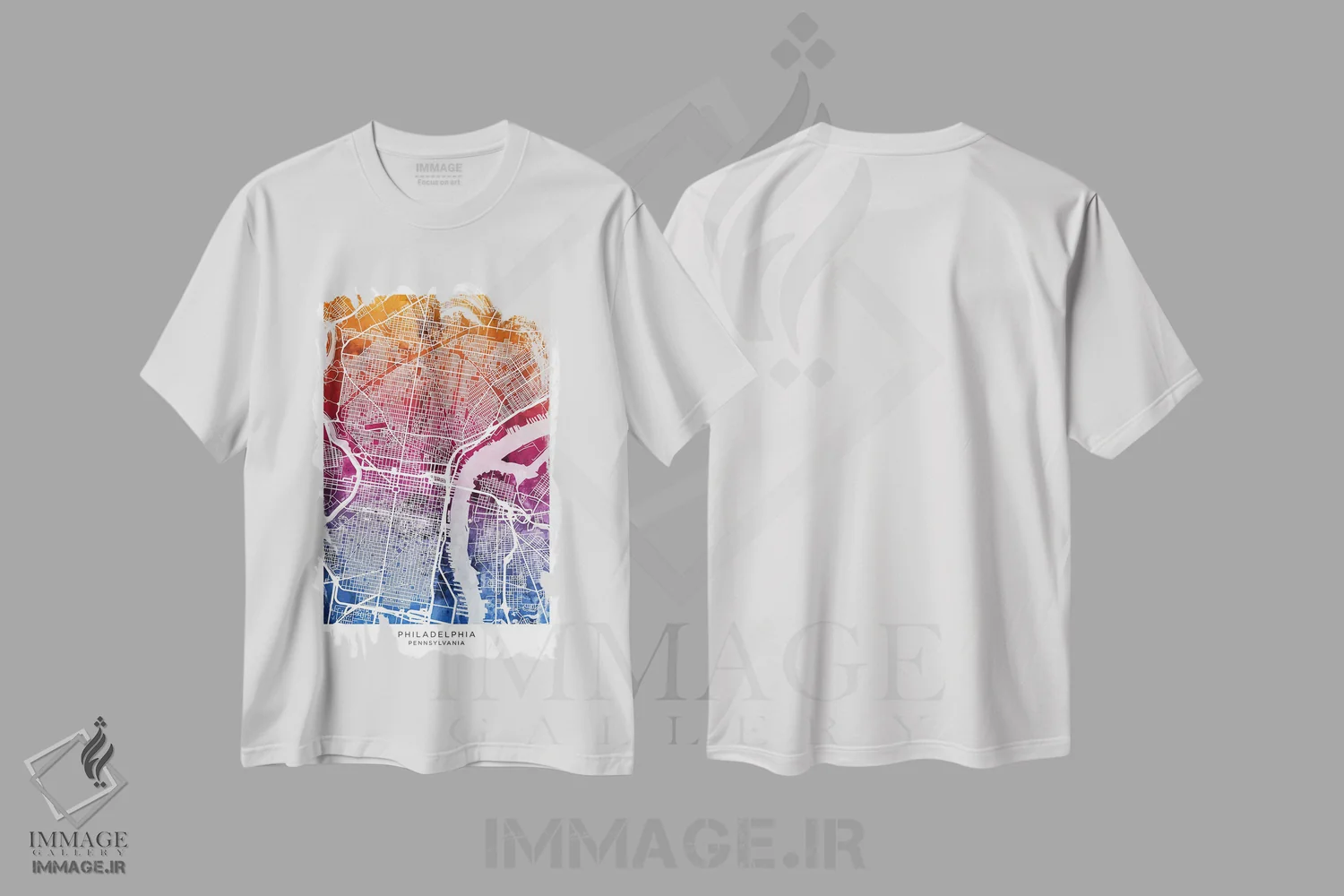 تیشرت سفید طرح دار – تیشرت مدرن ,نقشه فیلادلفیا آبی-صورتی اثر مایکل تامپست immage.ir