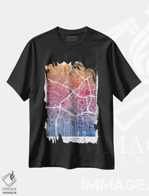 تیشرت مشکی طرح دار – تیشرت سفر ,نقشه لس آنجلس آبی-صورتی اثر مایکل تامپست immage.ir