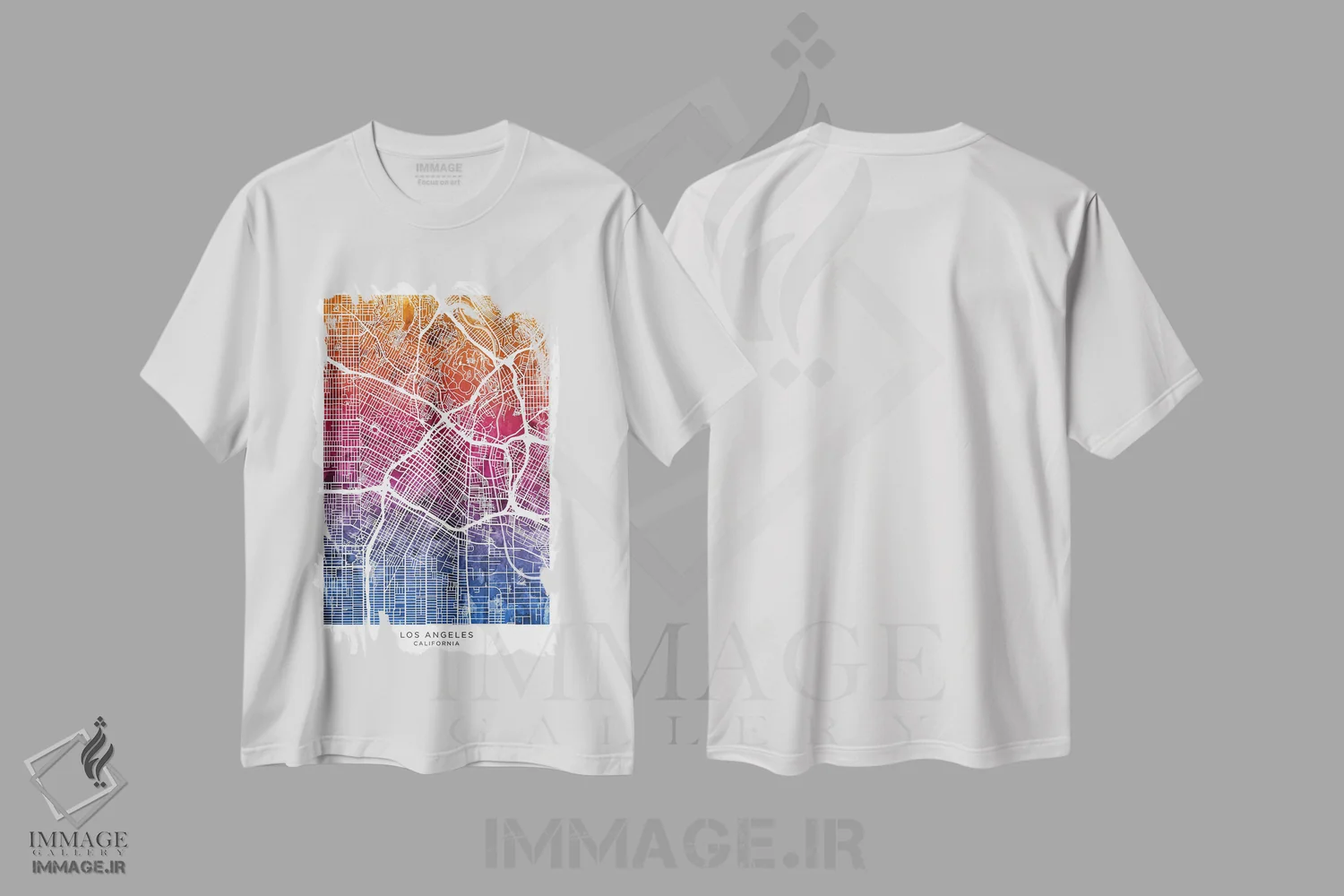 تیشرت سفید طرح دار – تیشرت سفر ,نقشه لس آنجلس آبی-صورتی اثر مایکل تامپست فروشگاه ایماژ