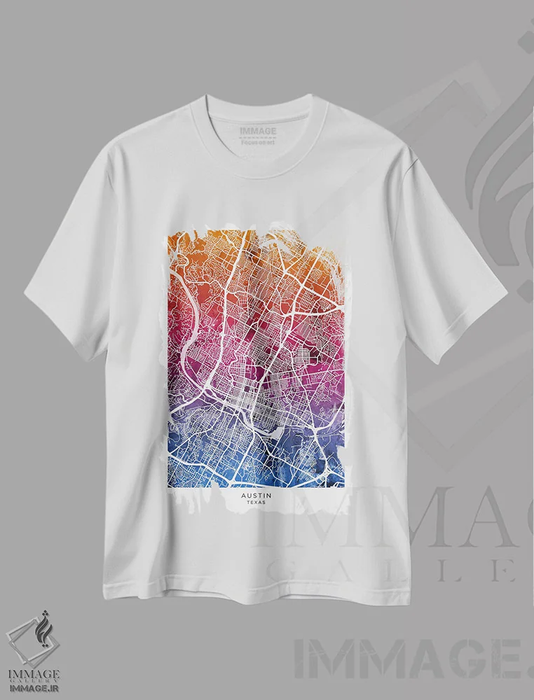 تیشرت سفید طرح دار – تیشرت نقشه شهری ,نقشه آستین تگزاس آبی-صورتی اثر مایکل تامپست immage.ir