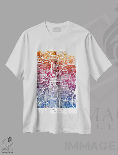 تیشرت سفید طرح دار – تیشرت شهری ,نقشه کانزاس سیتی آبی-صورتی اثر مایکل تامپست فروشگاه ایماژ