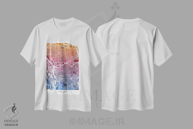تیشرت سفید طرح دار – تیشرت نقشه ,نقشه پورتلند آبی-صورتی اثر مایکل تامپست فروشگاه ایماژ