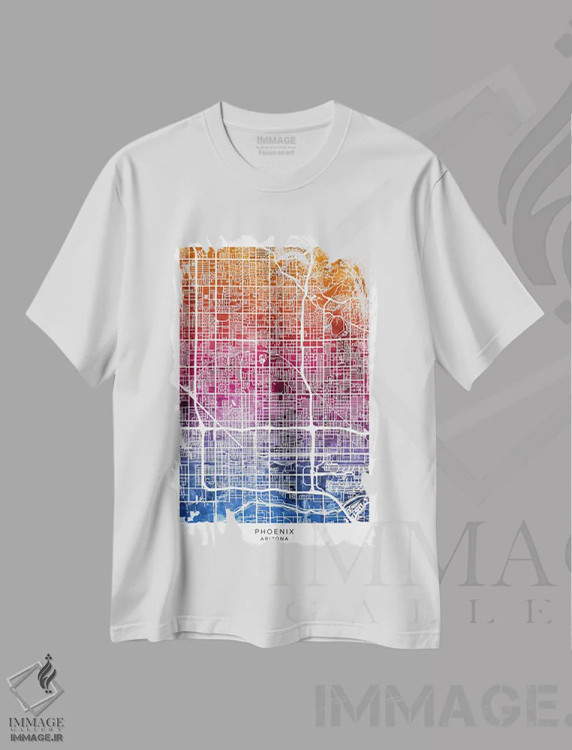 تیشرت سفید طرح دار – تیشرت طبیعت و شهر ,نقشه فینیکس آبی-صورتی اثر مایکل تامپست immage.ir