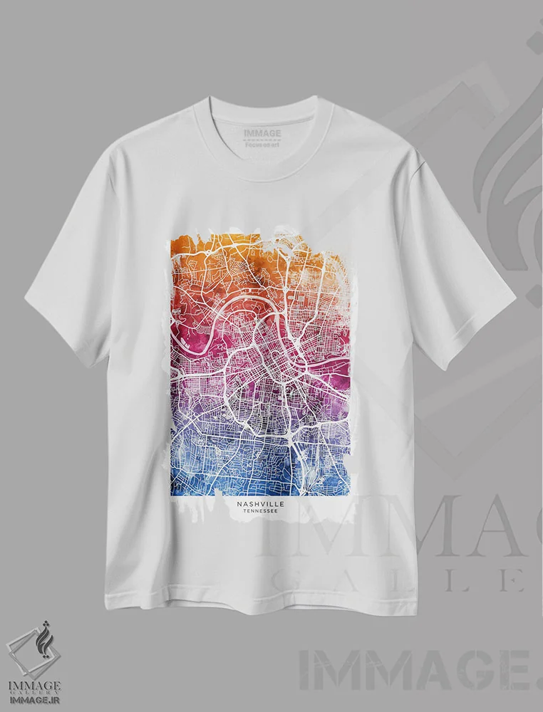تیشرت سفید طرح دار – تیشرت هنری شهری ,نقشه نشویل آبی-صورتی اثر مایکل تامپست immage.ir