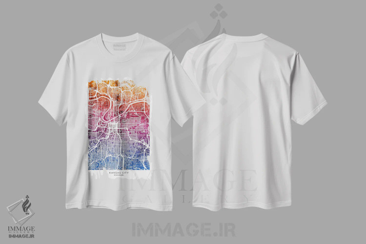 تیشرت سفید طرح دار – تیشرت شهری ,نقشه کانزاس سیتی آبی-صورتی اثر مایکل تامپست فروشگاه ایماژ