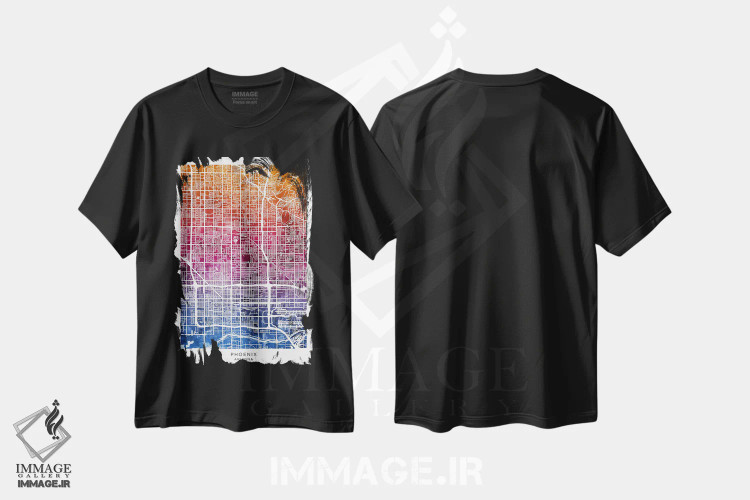 تیشرت مشکی طرح دار – تیشرت طبیعت و شهر ,نقشه فینیکس آبی-صورتی اثر مایکل تامپست فروشگاه ایماژ