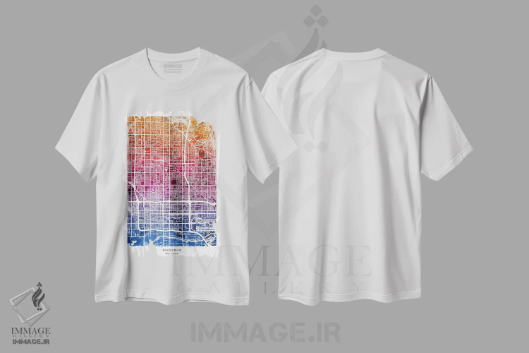 تیشرت سفید طرح دار – تیشرت طبیعت و شهر ,نقشه فینیکس آبی-صورتی اثر مایکل تامپست immage.ir